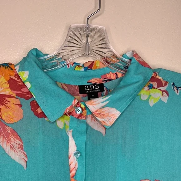 ANA Oversized Button Up Shirt Aqua & Peach Floral Hawaiian Dolman Sleeve Medium - Picture 8 of 14